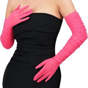 Women's Hot Pink Sexy Tulle Sheer Mesh Long Satin Gloves Party Prom Costume